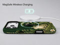 Forest Green Frog and Mushroom Garden MagSafe Loop iPhone Case, shown with a MagSafe wireless charger