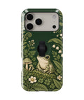 Forest Green Frog and Mushroom Garden MagSafe Loop iPhone Case, rear view with built-in finger loop folded flat