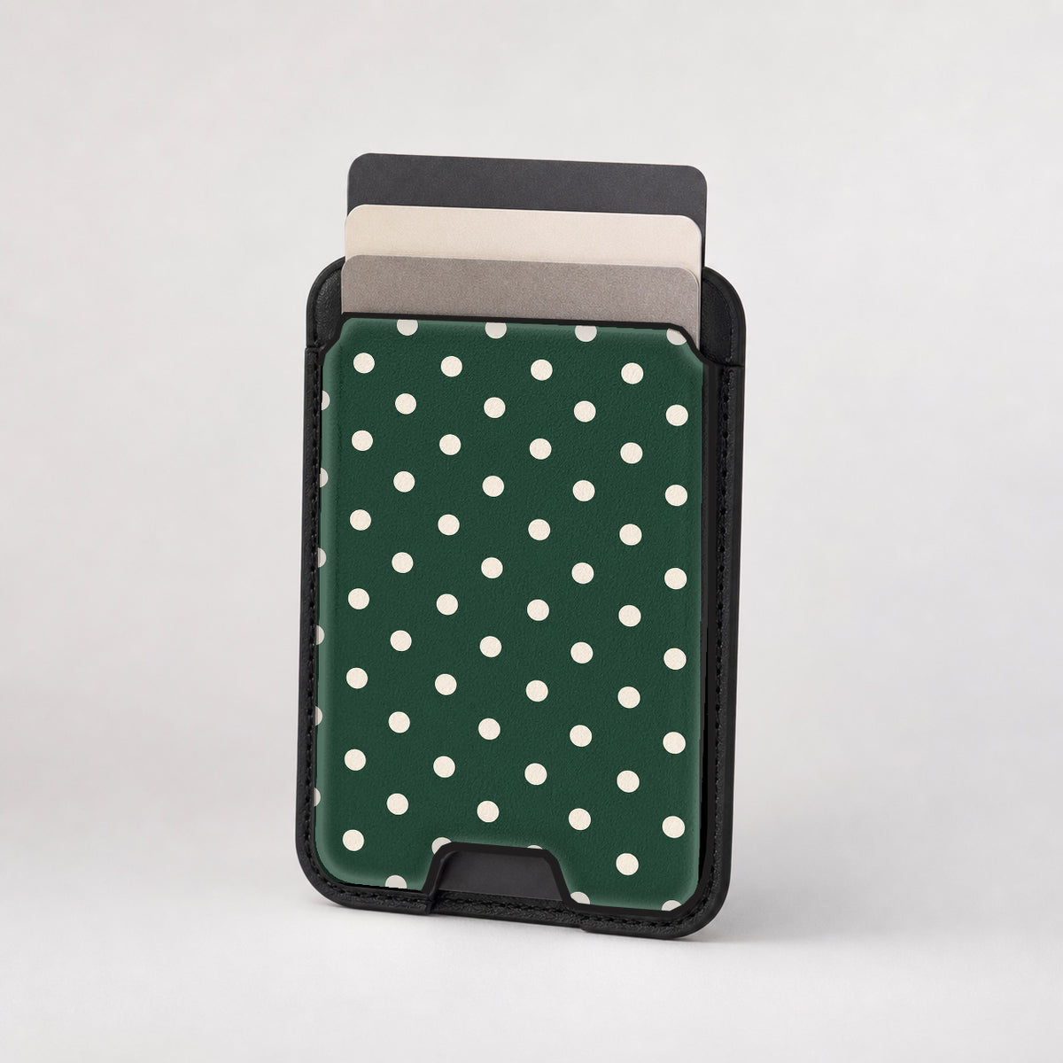 Forest Green Ivory Polka Dots MagSafe Card Holder - card storage view