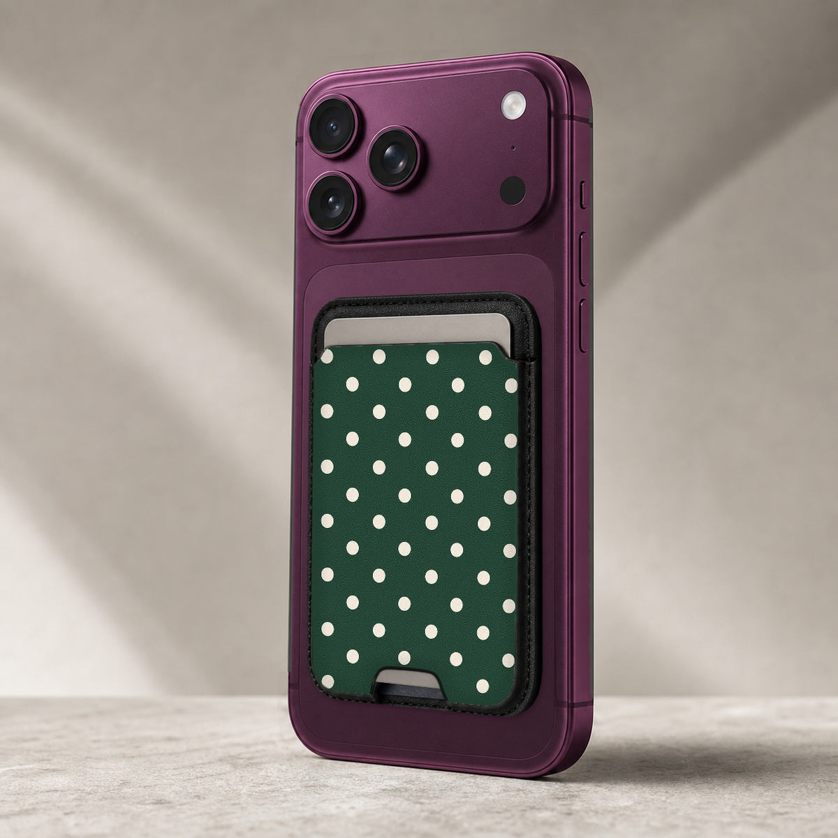 Forest Green Ivory Polka Dots MagSafe Card Holder - rear view