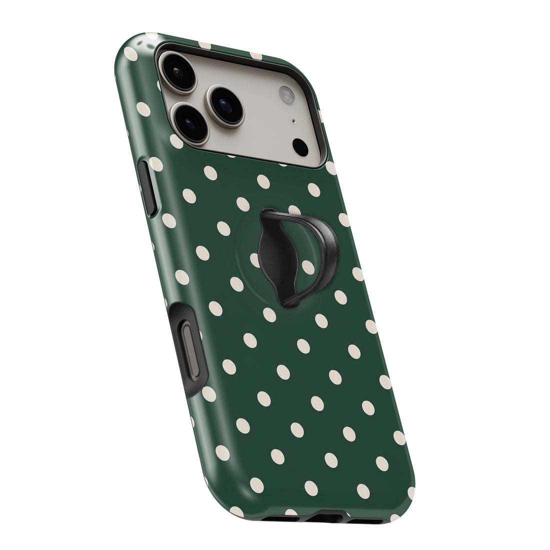 Forest Green Ivory Polka Dots MagSafe Loop iPhone Case - angled view