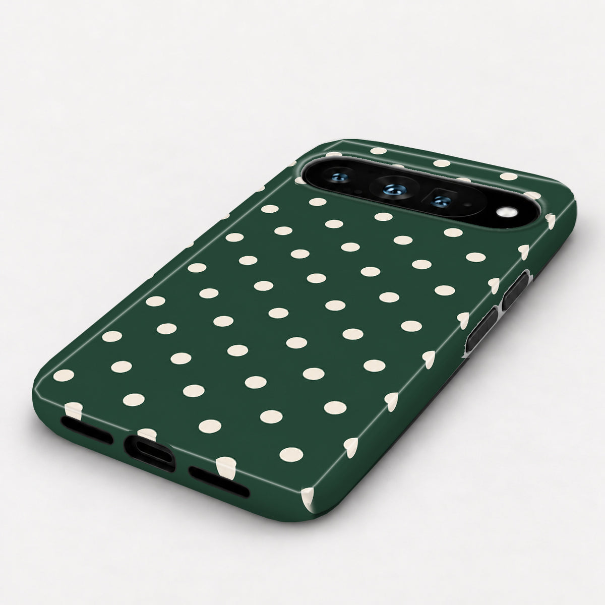 Forest Green Ivory Polka Dots Google Pixel Case - bottom angle