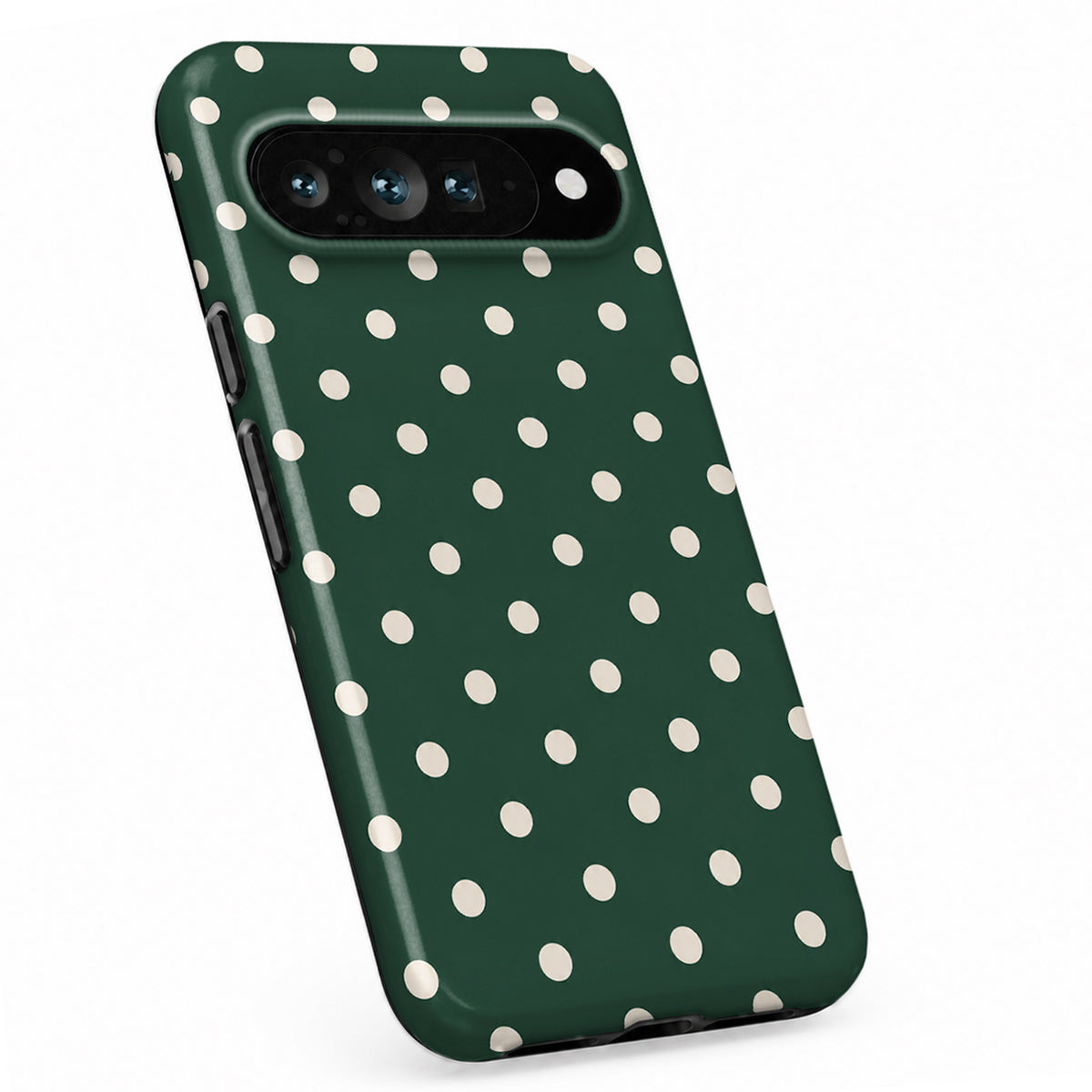 Forest Green Ivory Polka Dots Google Pixel Case - standing angle