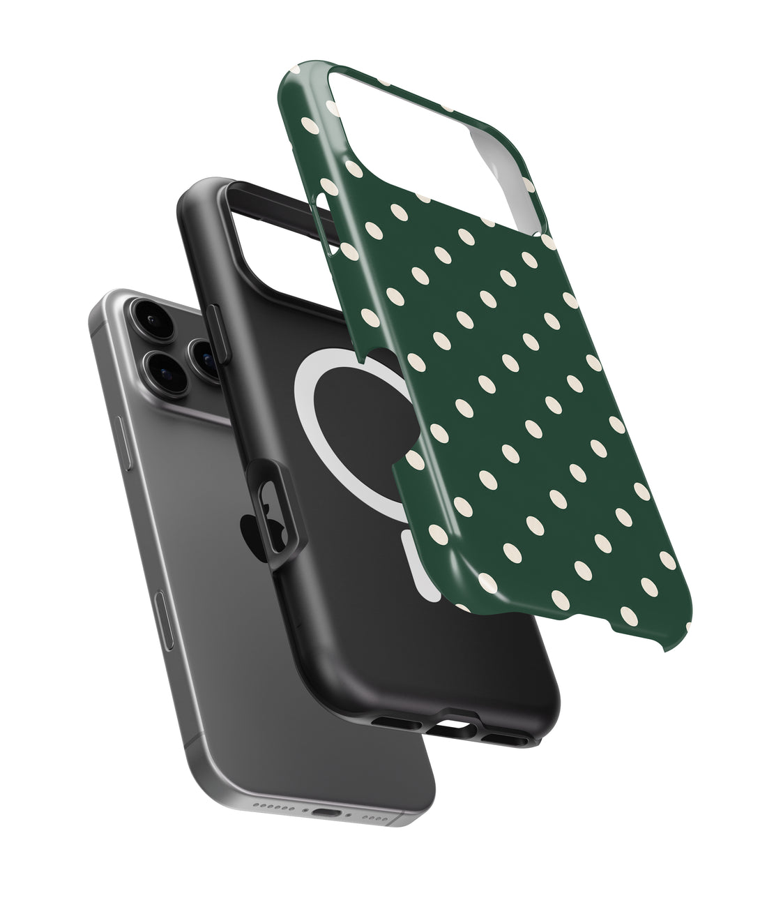 Forest Green Ivory Polka Dots MagSafe iPhone Tough Case - exploded construction view