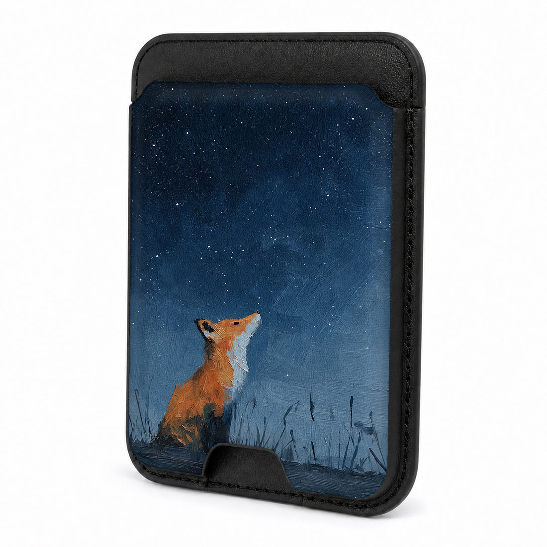 Front view of the Fox Under Starry Sky MagSafe card holder on a white background
