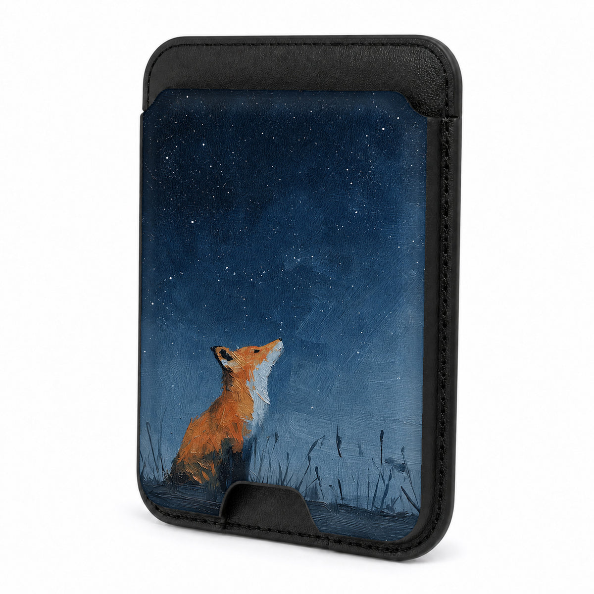 Front view of the Fox Under Starry Sky MagSafe card holder on a white background