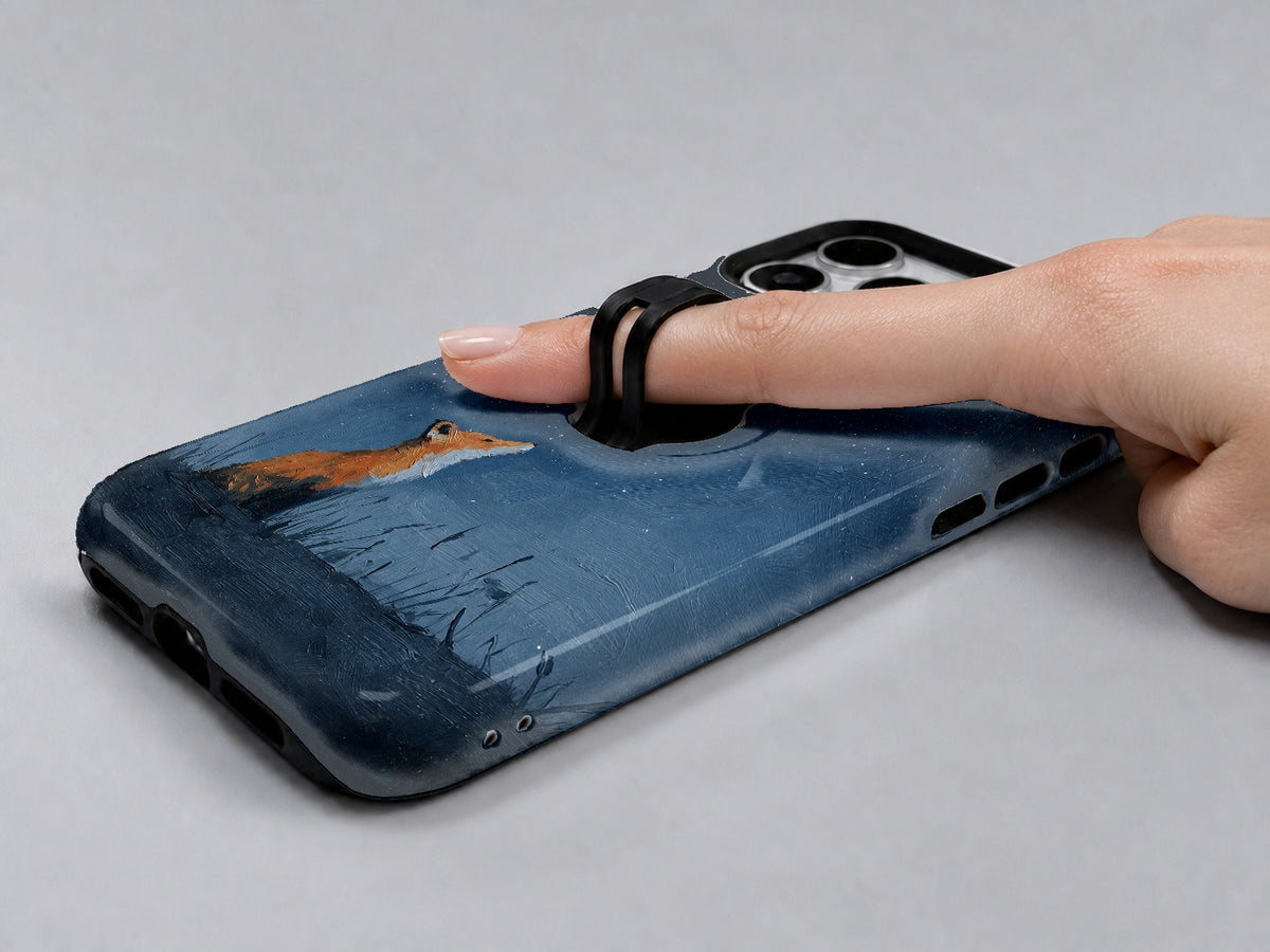 Fox Under Starry Sky MagSafe Loop iPhone Case shown in use with a finger through the horizontal loop