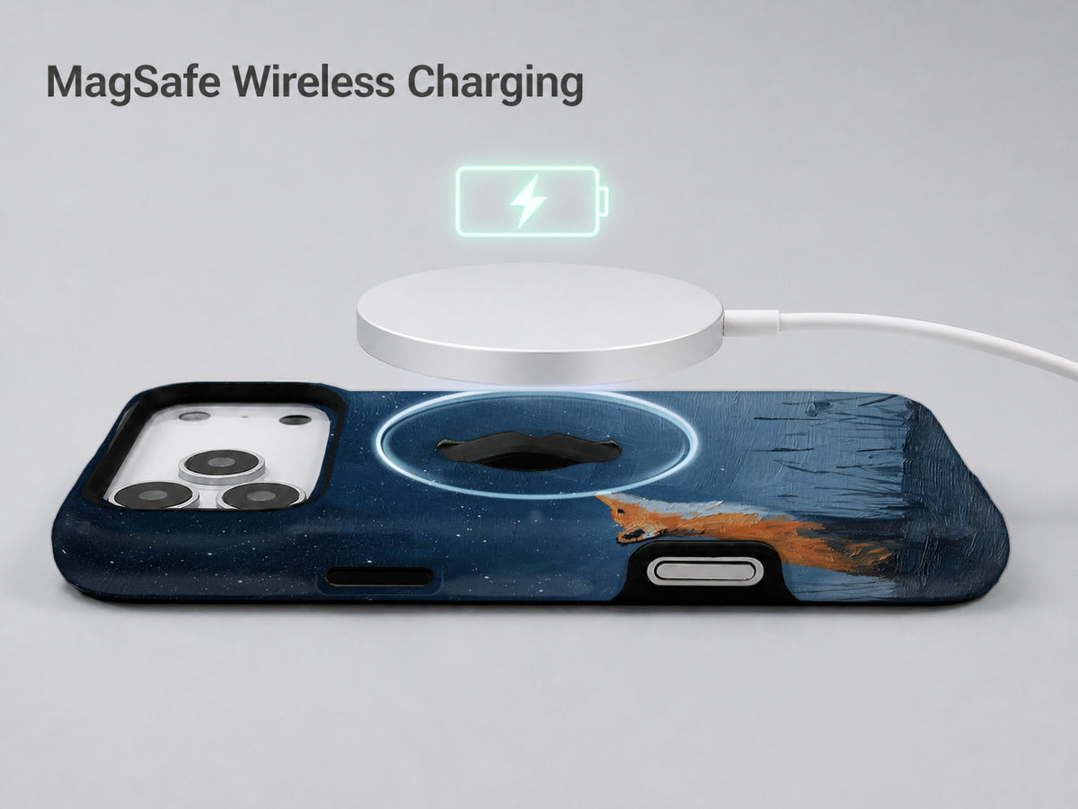 Fox Under Starry Sky MagSafe Loop iPhone Case shown with a MagSafe-compatible wireless charger attached