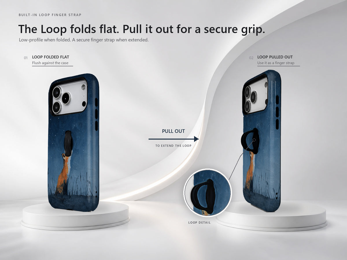 Fox Under Starry Sky MagSafe Loop iPhone Case side view showing the built-in finger loop