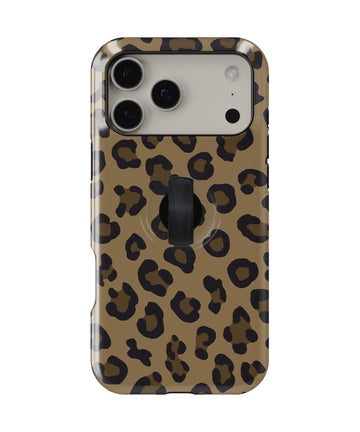 Golden Leopard Print MagSafe Loop iPhone Case with built-in finger loop closed