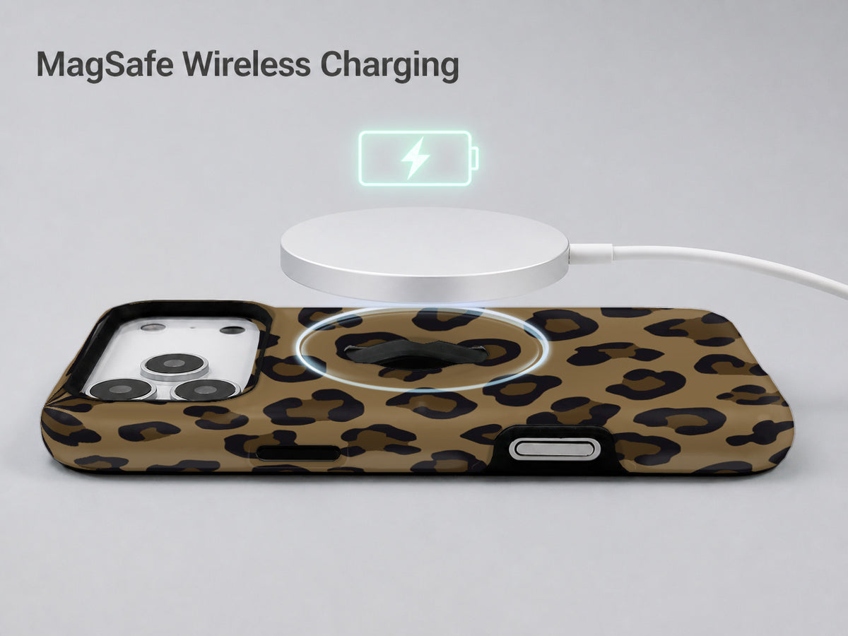 Golden Leopard Print MagSafe Loop iPhone Case shown with a MagSafe-compatible wireless charger attached