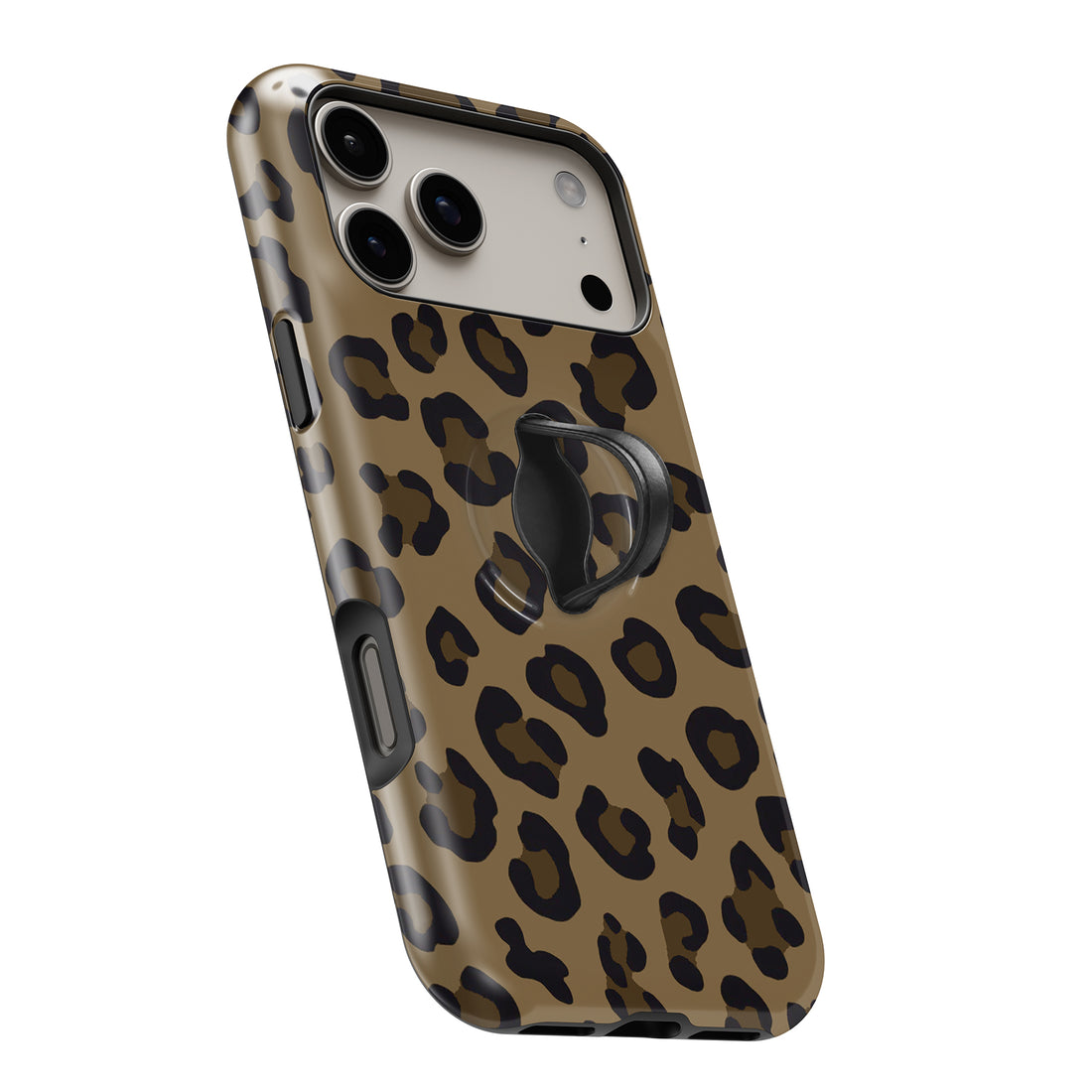 Golden Leopard Print MagSafe Loop iPhone case with built-in finger loop open