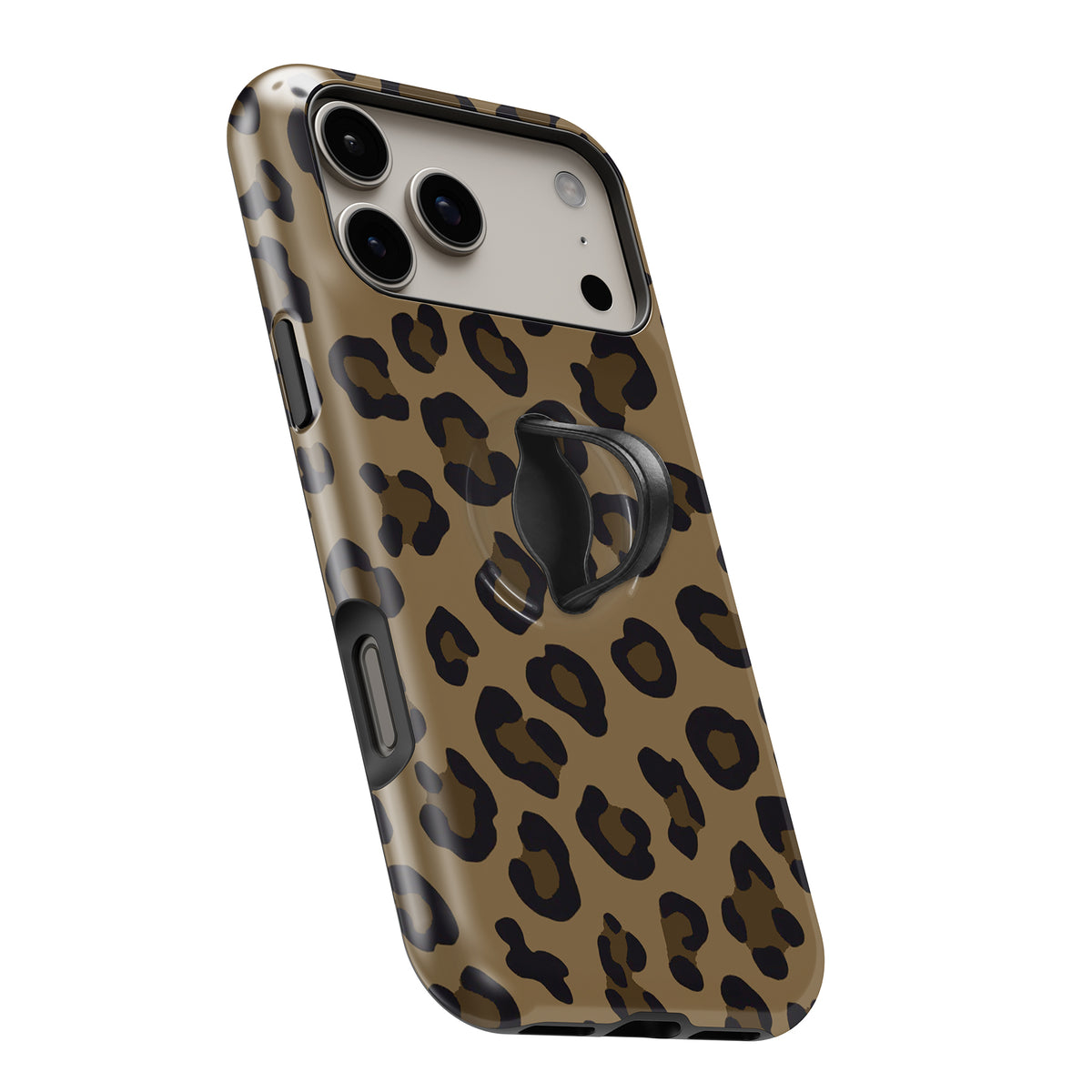 Golden Leopard Print MagSafe Loop iPhone case with built-in finger loop open