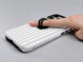 Gray Pinstripe MagSafe Loop iPhone Case shown in use with a finger through the horizontal loop