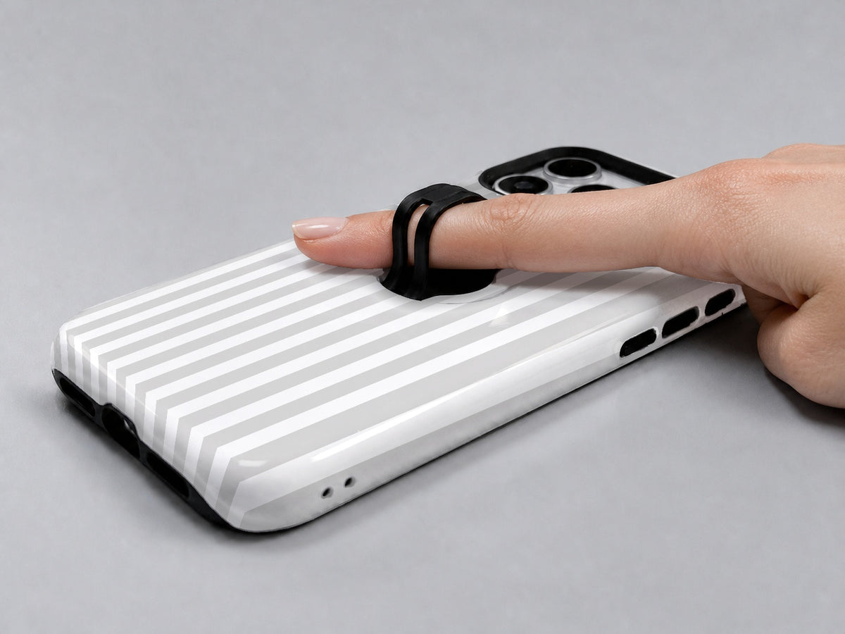 Gray Pinstripe MagSafe Loop iPhone Case shown in use with a finger through the horizontal loop