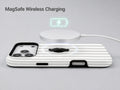 Gray Pinstripe MagSafe Loop iPhone Case shown with a MagSafe-compatible wireless charger attached