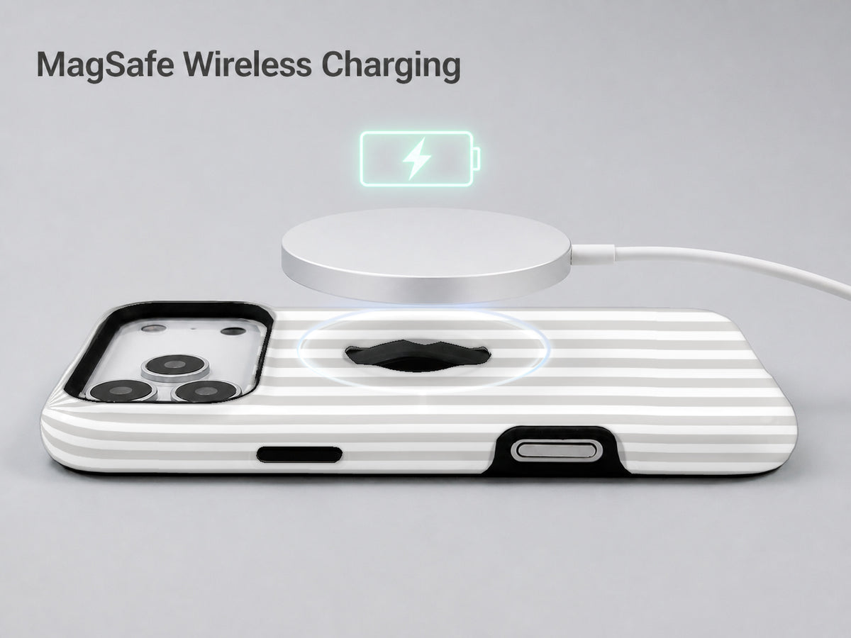 Gray Pinstripe MagSafe Loop iPhone Case shown with a MagSafe-compatible wireless charger attached