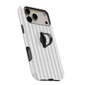 Gray Pinstripe MagSafe Loop iPhone case with built-in finger loop open