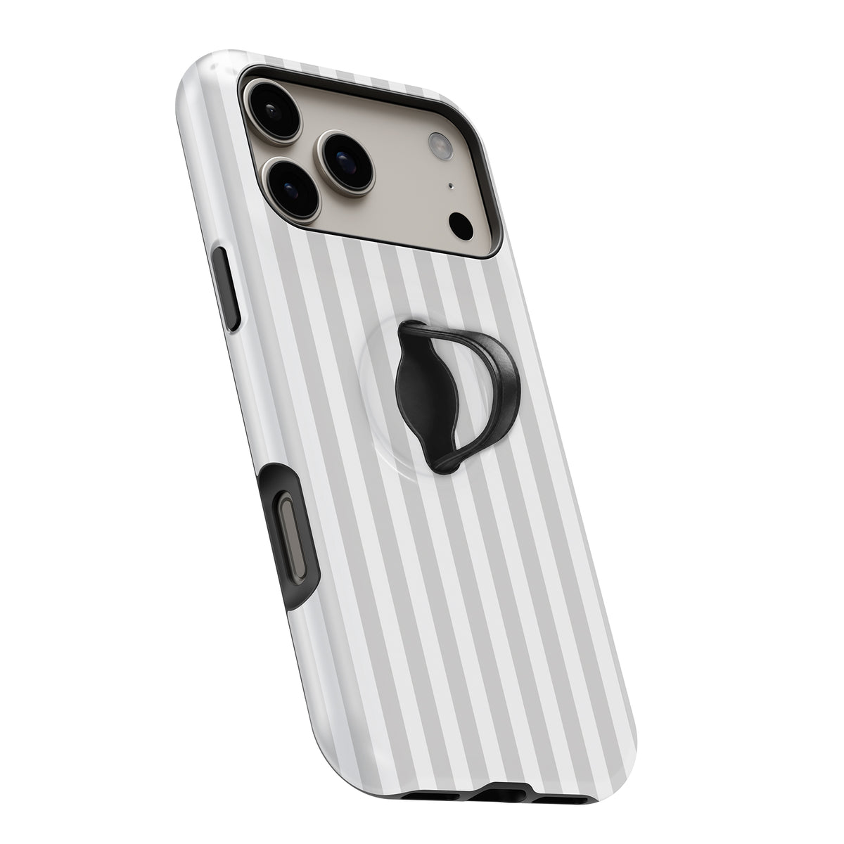 Gray Pinstripe MagSafe Loop iPhone case with built-in finger loop open