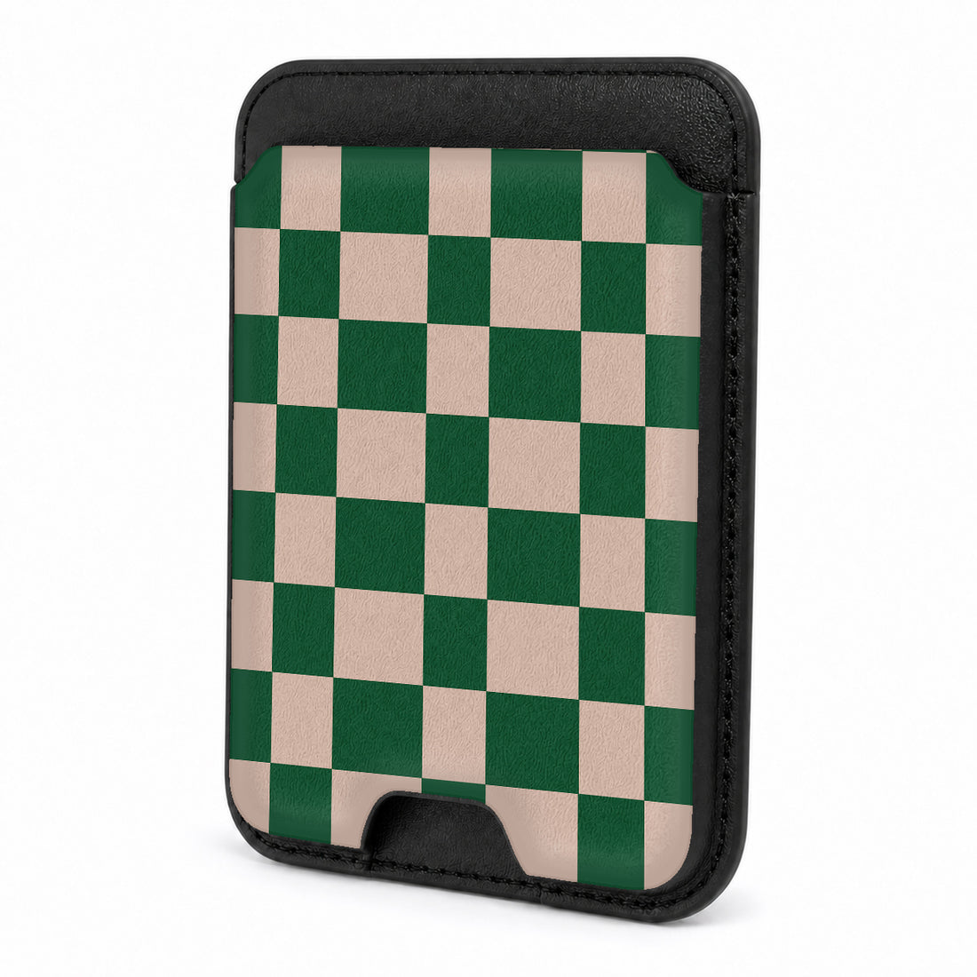 Front view of the Green Cream Checkerboard MagSafe card holder on a white background