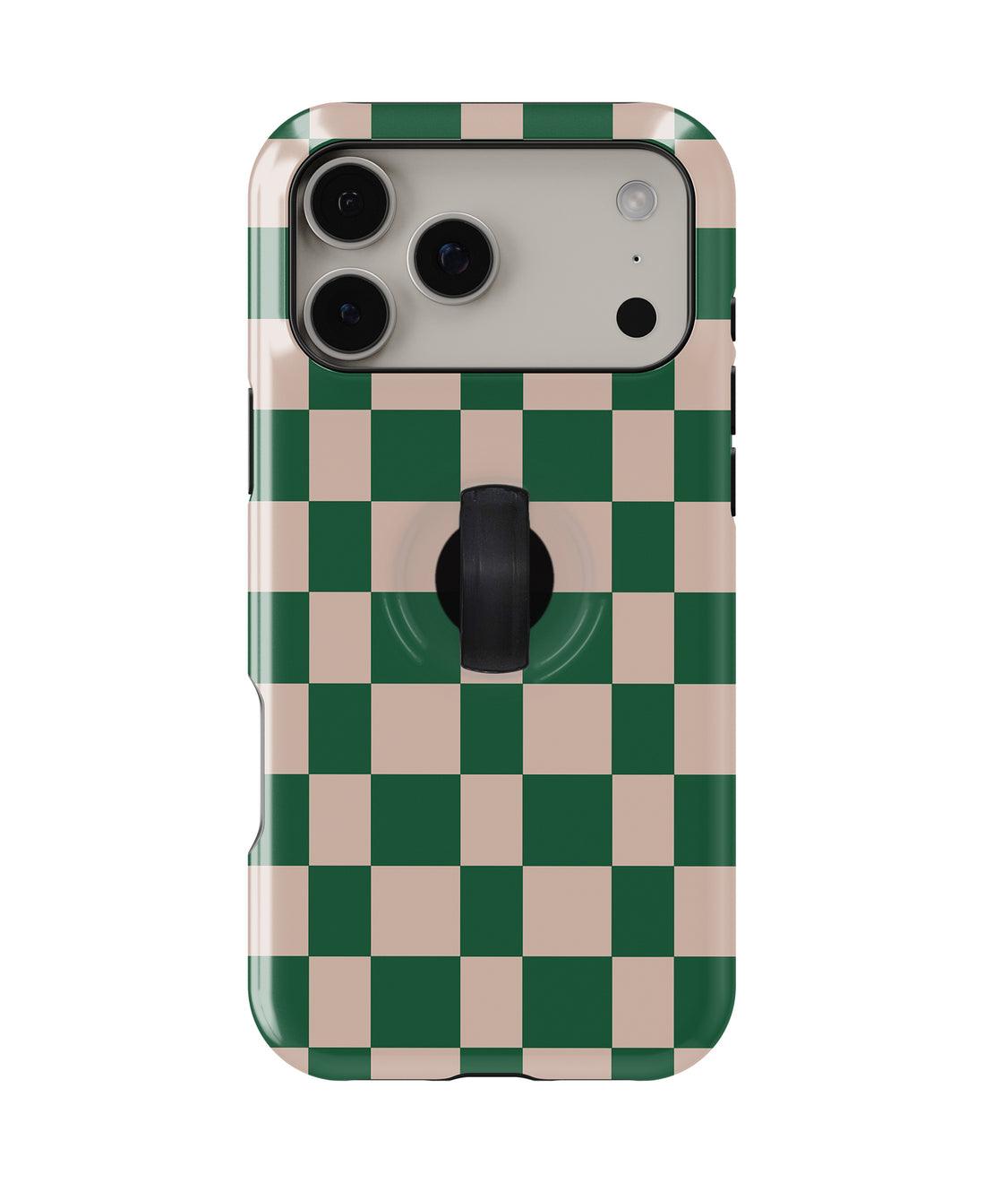Green Cream Checkerboard MagSafe Loop iPhone Case with built-in finger loop closed