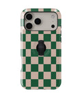 Green Cream Checkerboard MagSafe Loop iPhone Case with built-in finger loop closed