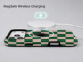 Green Cream Checkerboard MagSafe Loop iPhone Case shown with a MagSafe-compatible wireless charger attached