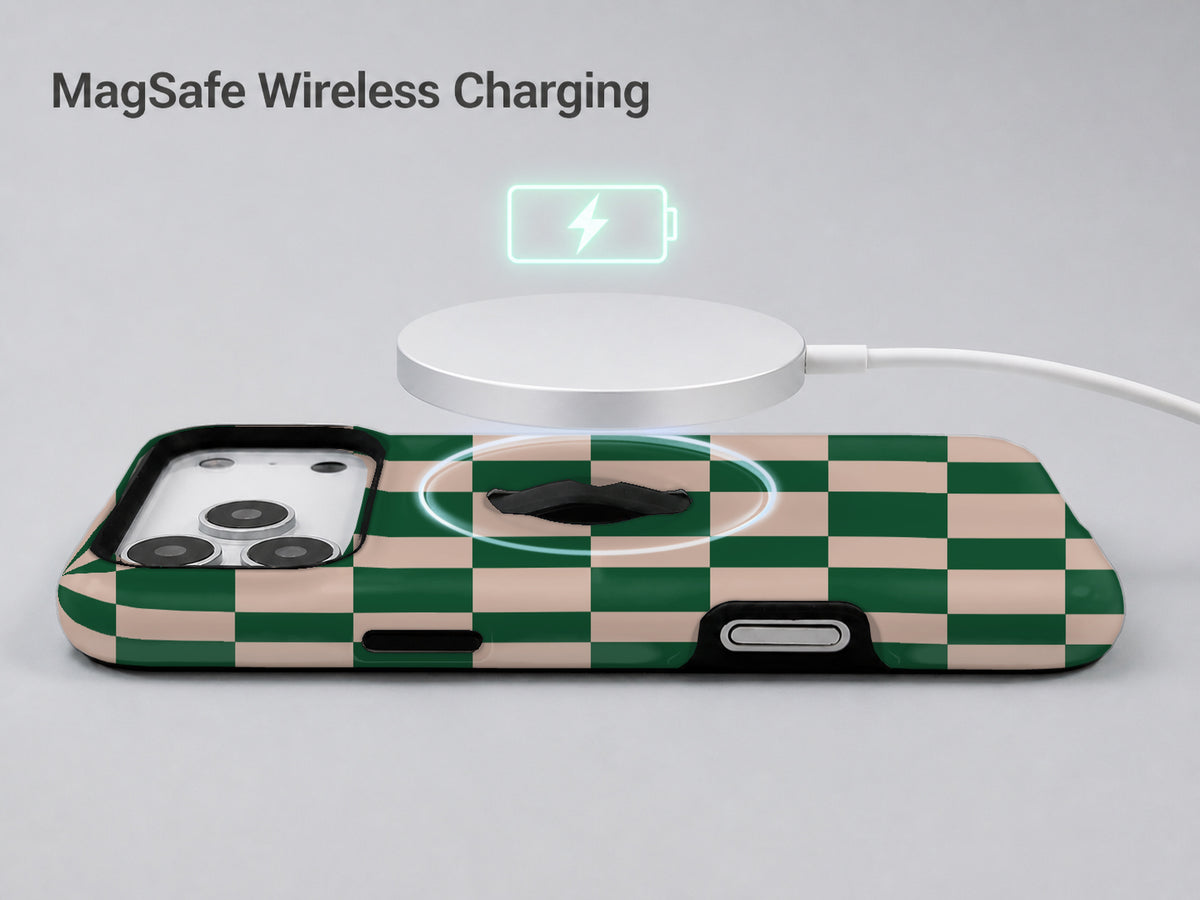 Green Cream Checkerboard MagSafe Loop iPhone Case shown with a MagSafe-compatible wireless charger attached