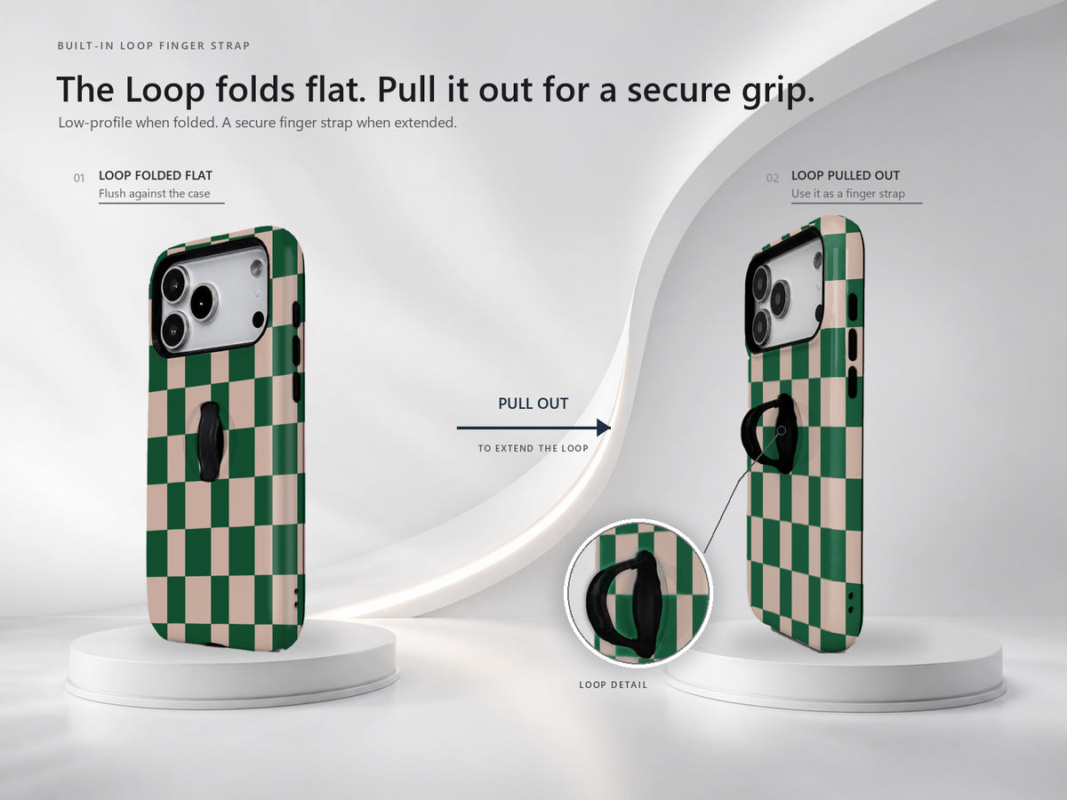 Green Cream Checkerboard MagSafe Loop iPhone Case side view showing the built-in finger loop