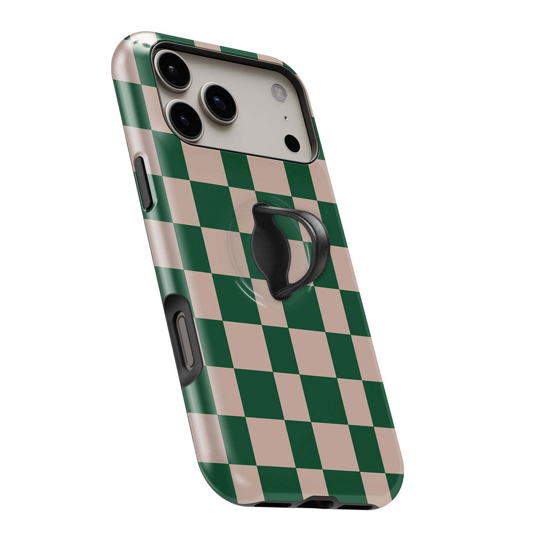Green Cream Checkerboard MagSafe Loop iPhone case with built-in finger loop open