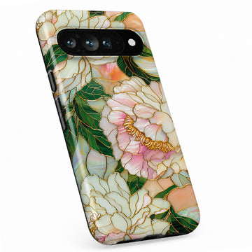 Green Peach Stained Glass Floral Google Pixel case with botanical flowers and leaves