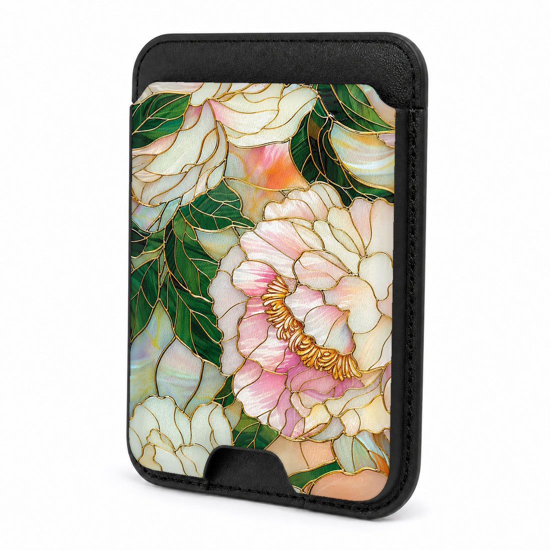 Front view of the Green Peach Stained Glass Floral MagSafe card holder on a white background