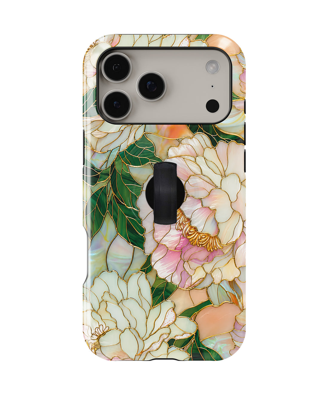 Green Peach Stained Glass Floral MagSafe Loop iPhone Case with built-in finger loop closed