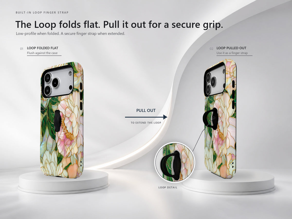 Green Peach Stained Glass Floral MagSafe Loop iPhone Case side view showing the built-in finger loop
