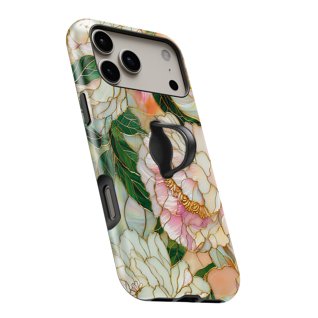 Green Peach Stained Glass Floral MagSafe Loop iPhone case with built-in finger loop open