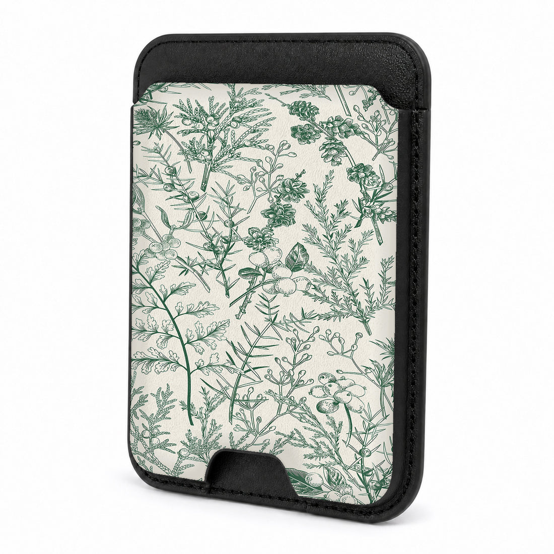 Front view of the Green Toile Botanical MagSafe card holder on a white background