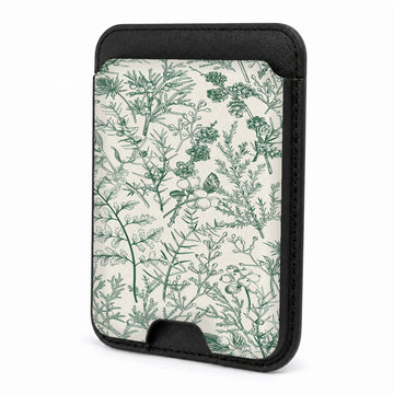 Front view of the Green Toile Botanical MagSafe card holder on a white background