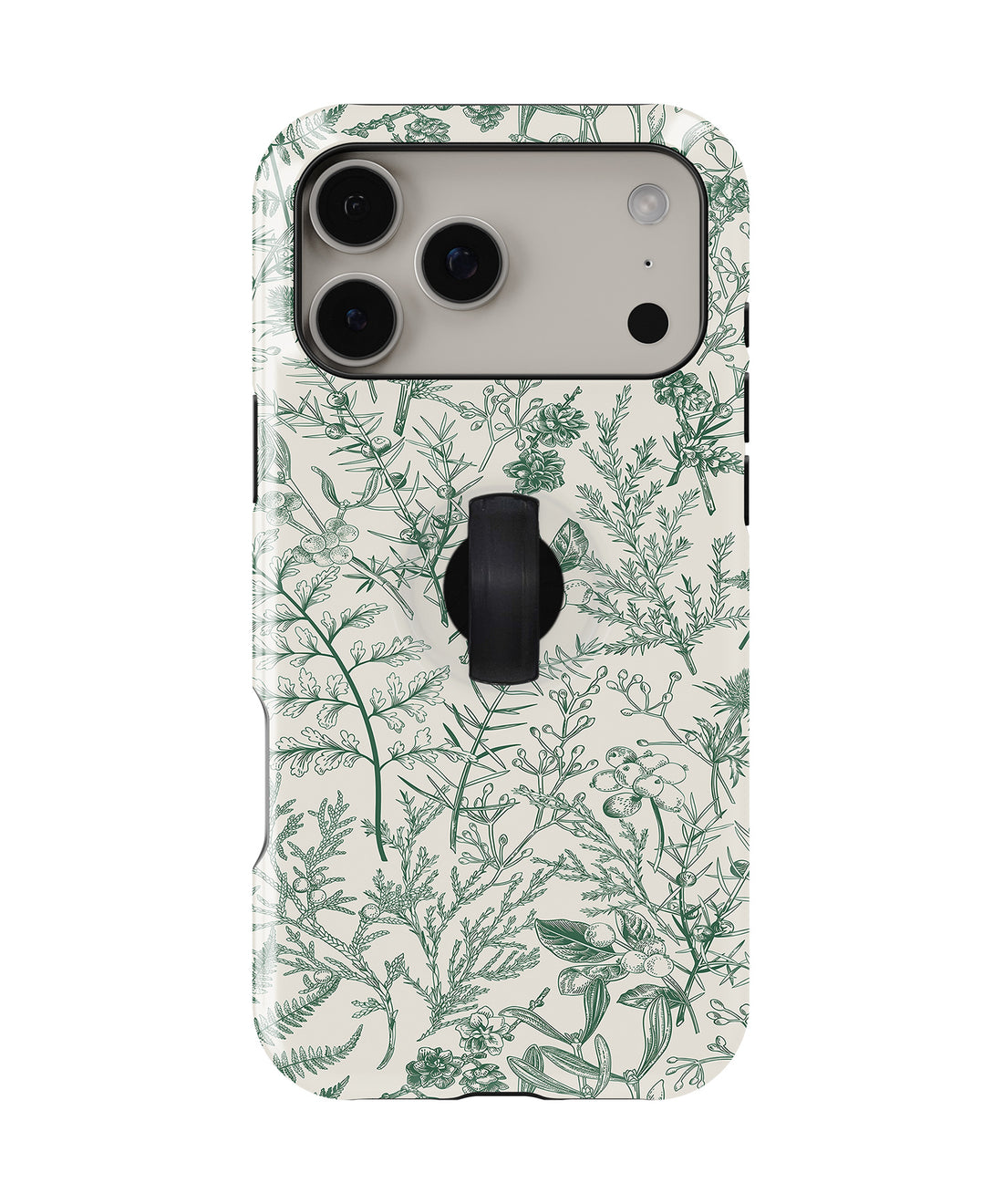 Green Toile Botanical MagSafe Loop iPhone Case with built-in finger loop closed