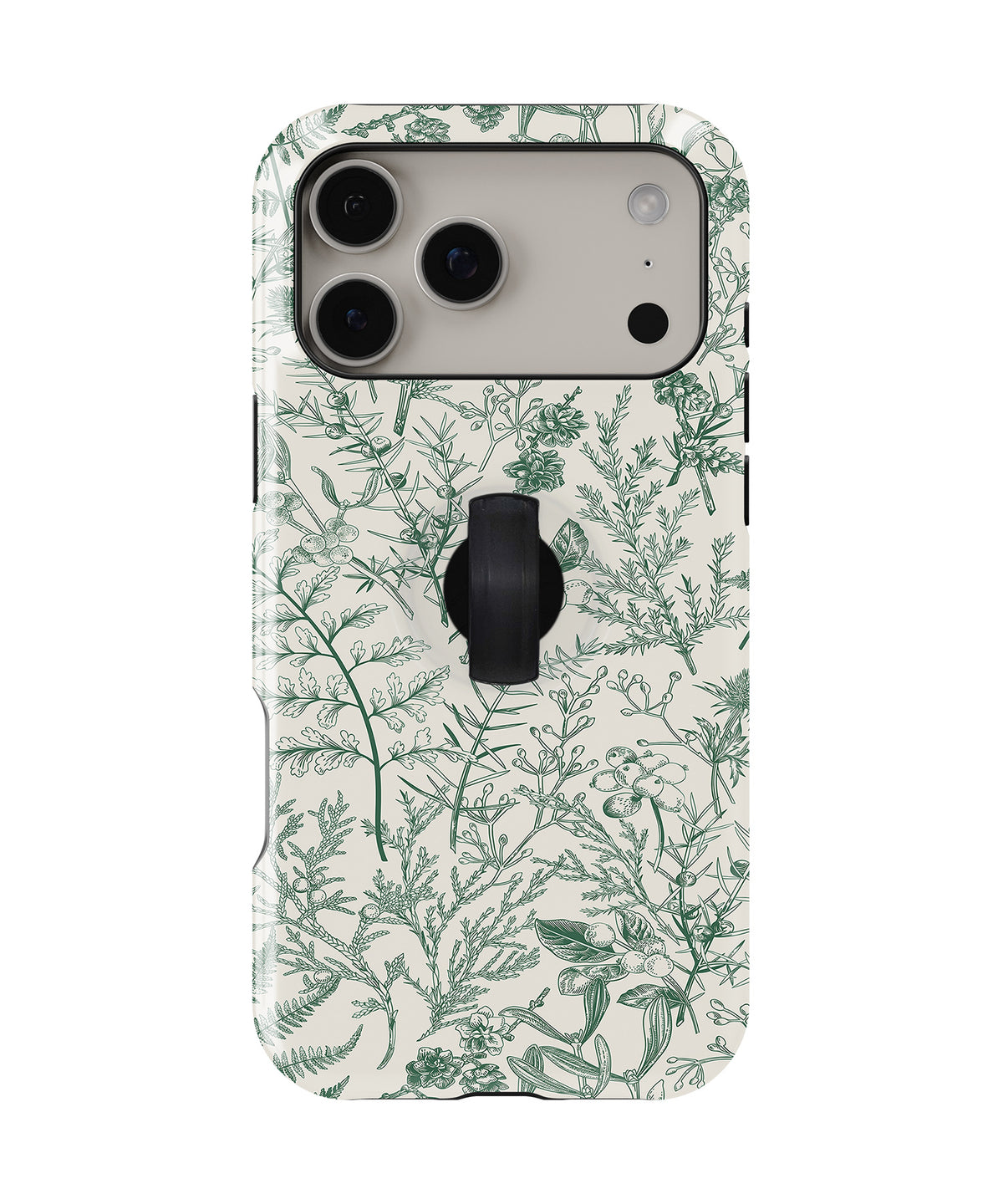 Green Toile Botanical MagSafe Loop iPhone Case with built-in finger loop closed