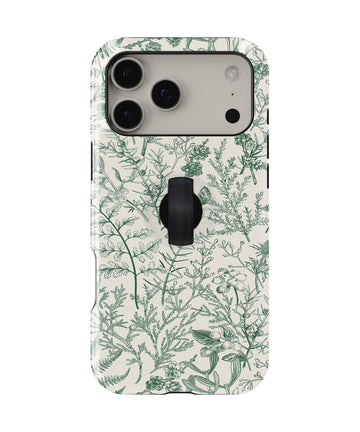 Green Toile Botanical MagSafe Loop iPhone Case with built-in finger loop closed