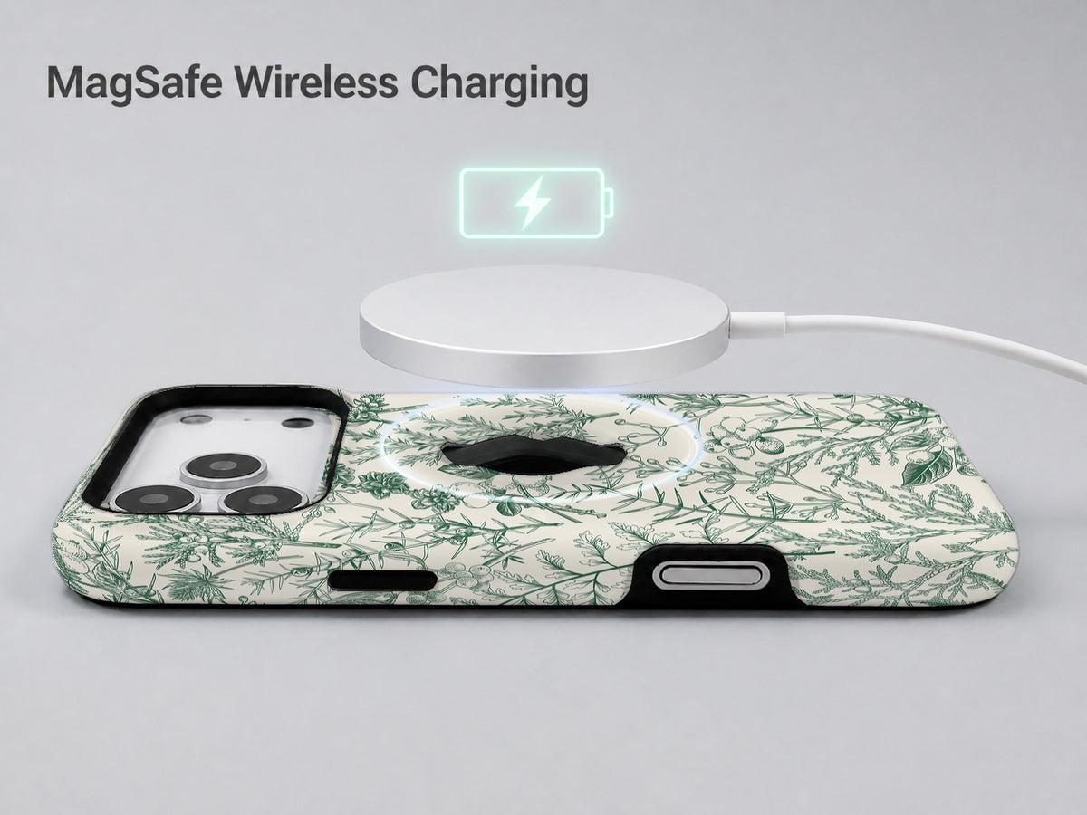 Green Toile Botanical MagSafe Loop iPhone Case shown with a MagSafe-compatible wireless charger attached