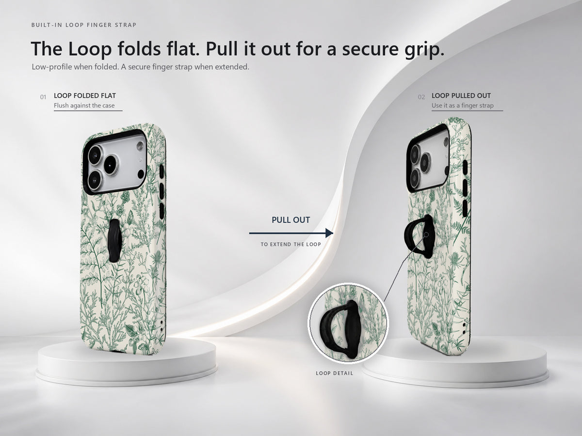 Green Toile Botanical MagSafe Loop iPhone Case side view showing the built-in finger loop