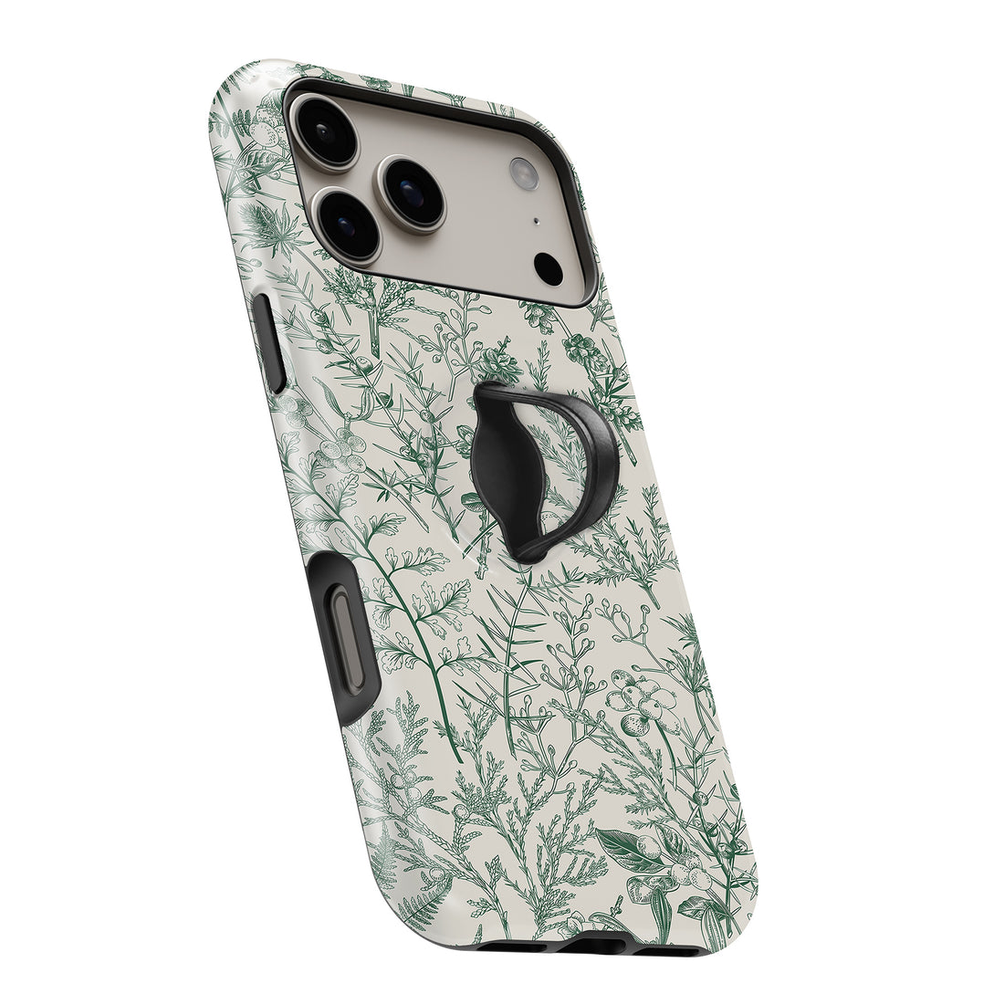 Green Toile Botanical MagSafe Loop iPhone case with built-in finger loop open