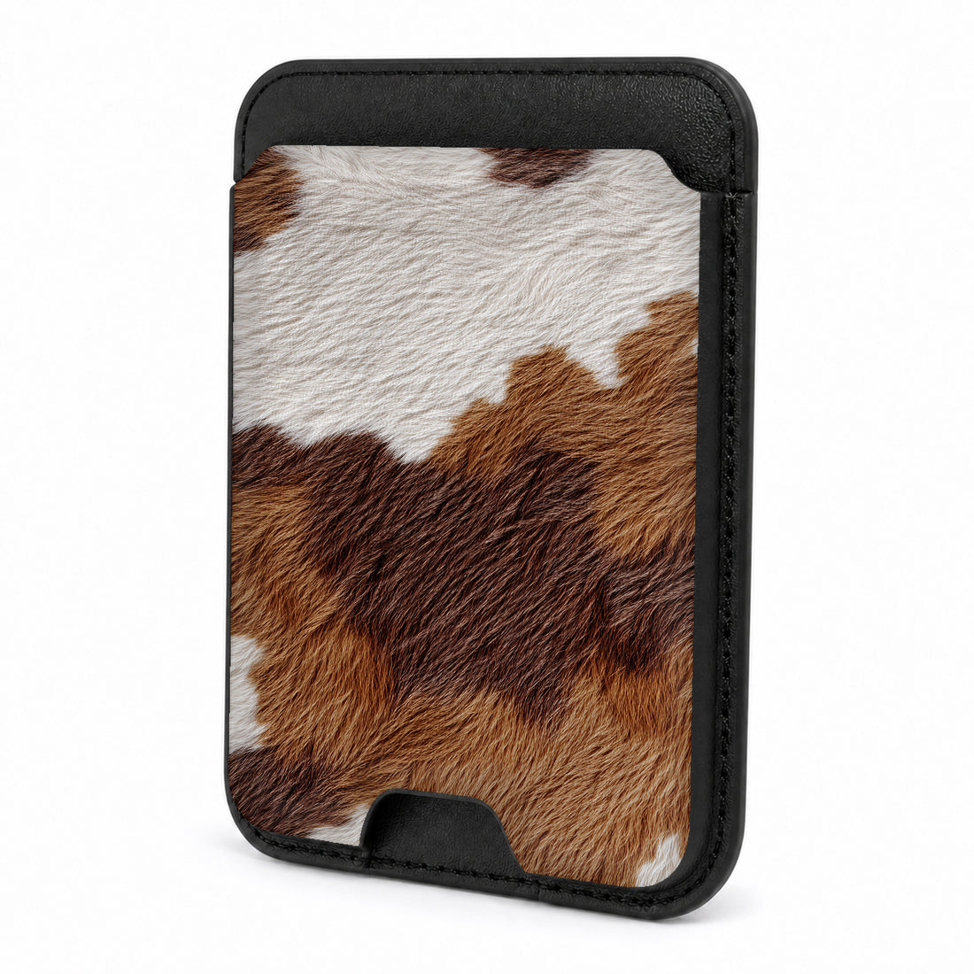 Front view of the Highland Cowhide Print MagSafe card holder on a white background