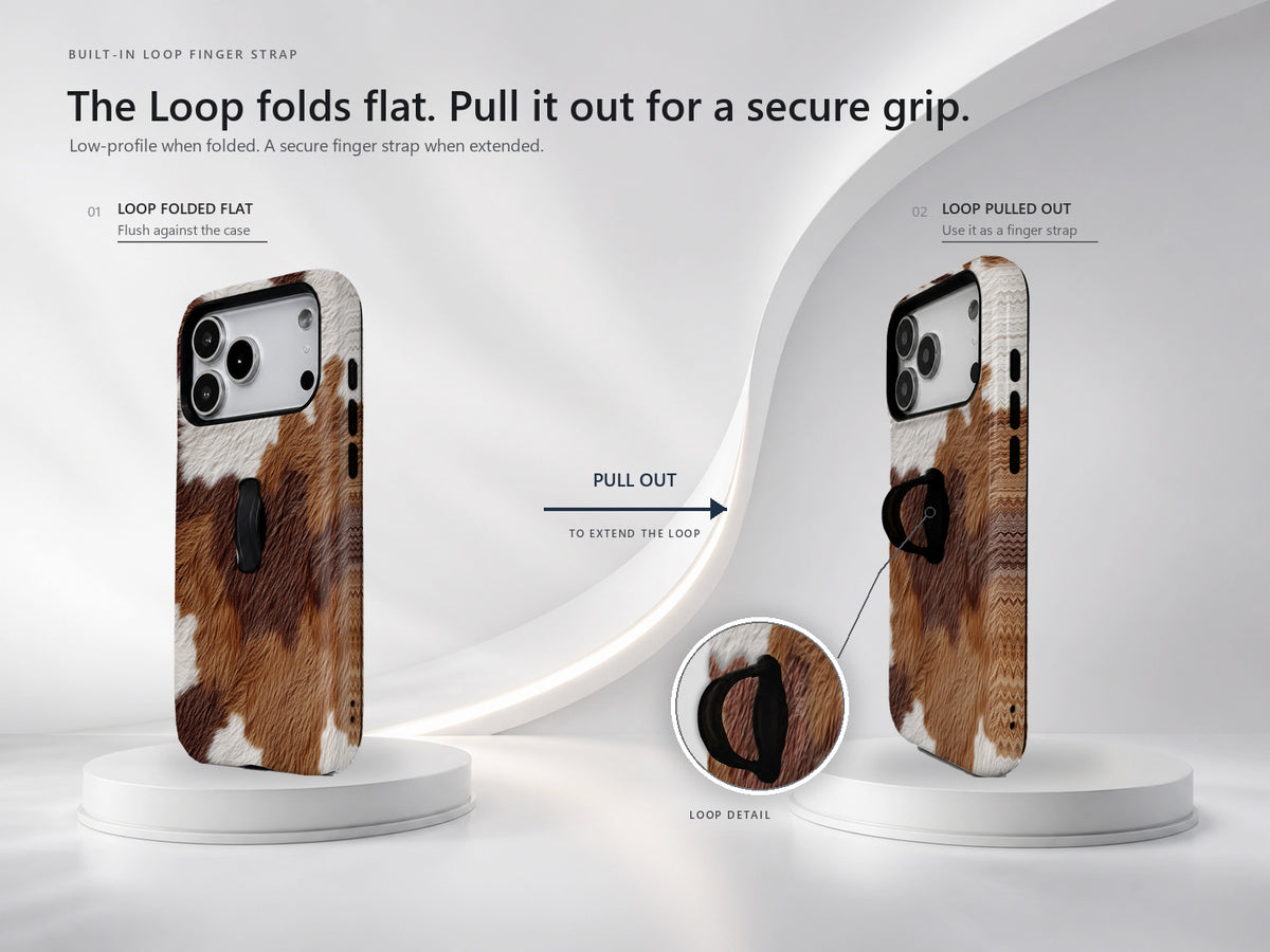 Highland Cowhide Print MagSafe Loop iPhone Case side view showing the built-in finger loop