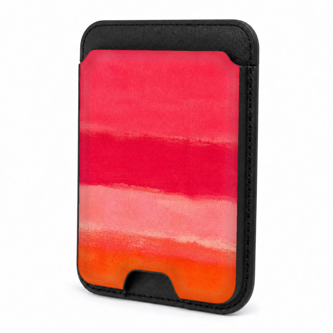 Front view of the Hot Pink Coral Orange Color Block MagSafe card holder on a white background