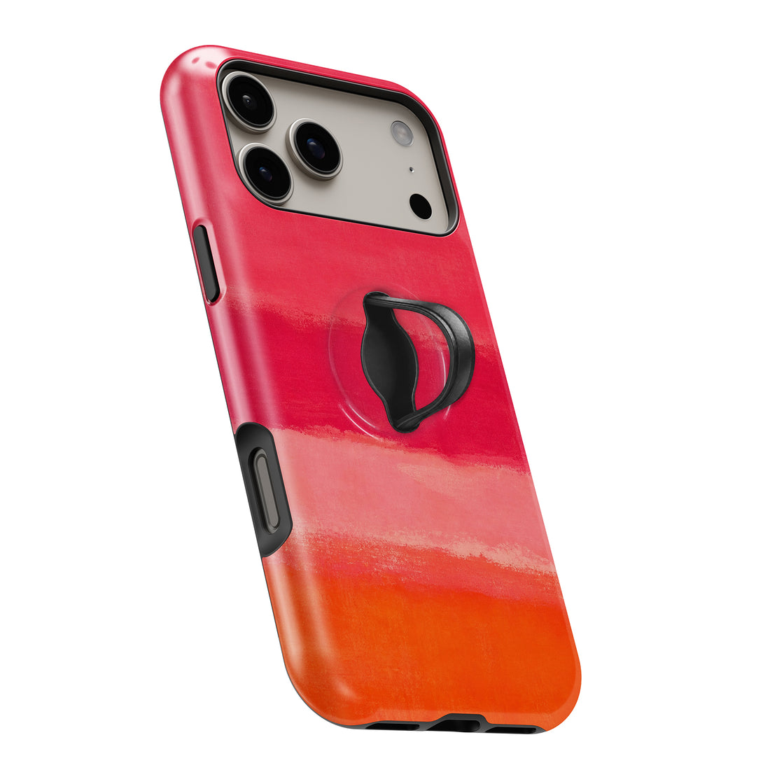 Hot Pink Coral Orange Color Block MagSafe Loop iPhone case with built-in finger loop open