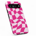 Hot Pink Wavy Checkerboard Google Pixel case with repeating checkerboard blocks