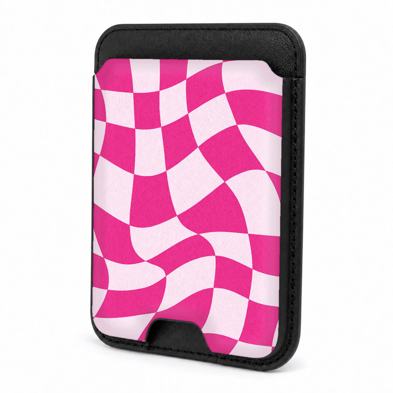 Front view of the Hot Pink Wavy Checkerboard MagSafe card holder on a white background