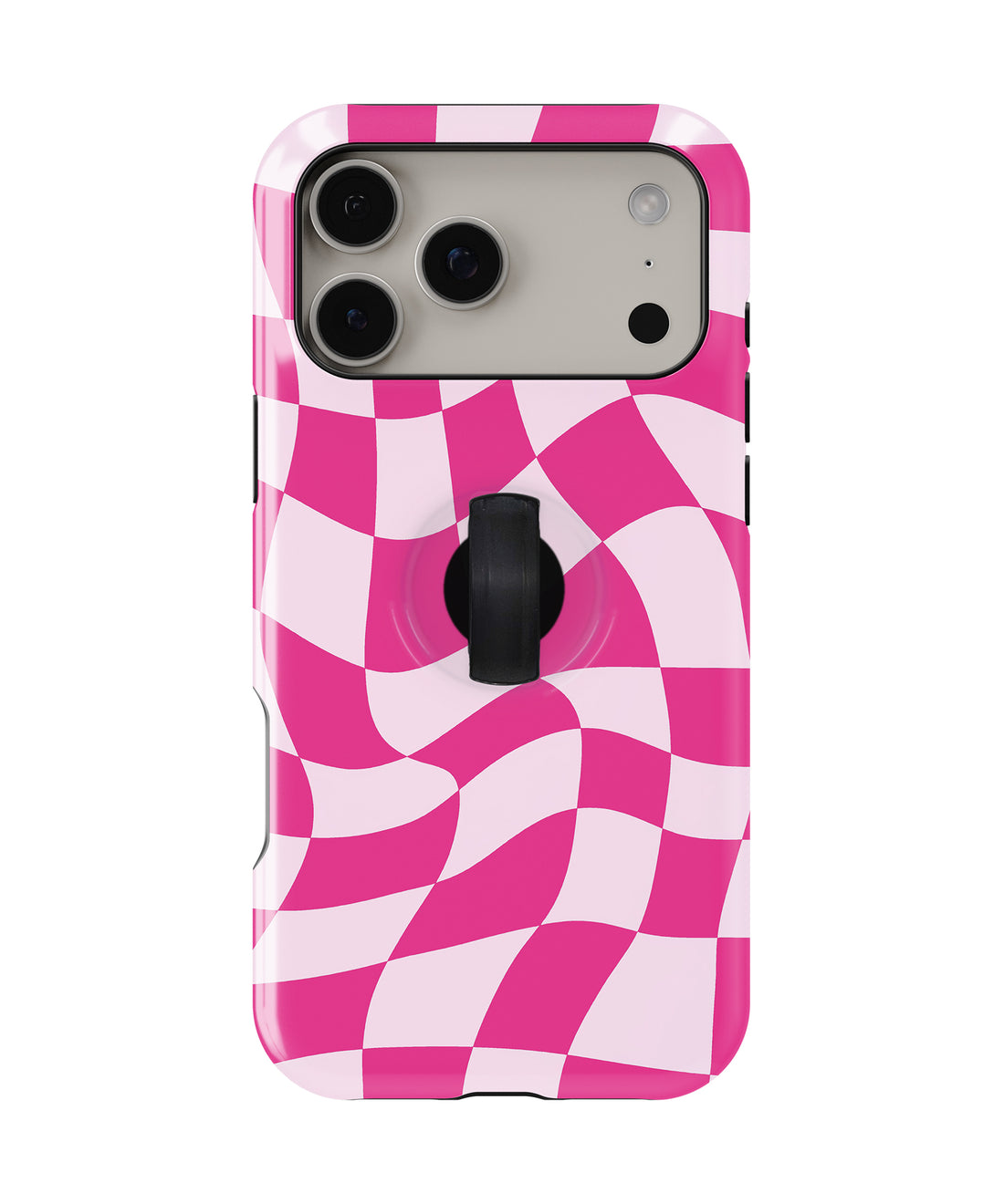 Hot Pink Wavy Checkerboard MagSafe Loop iPhone Case with built-in finger loop closed